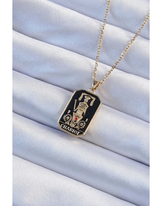 316L Çelik Zincir Altın Renk Siyah Mineli Tarot Kolye
