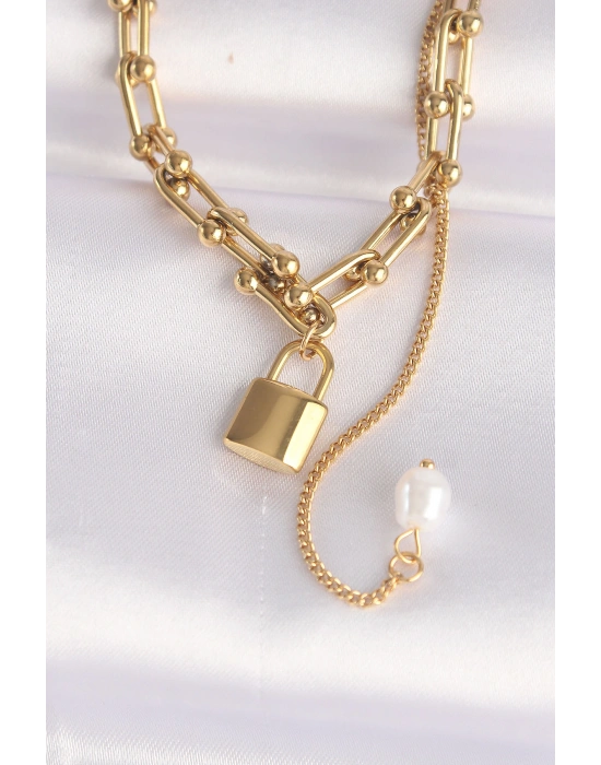 316L Çelik Zincir Altın Renk Zincirli Love Yazılı Kilit Kolye