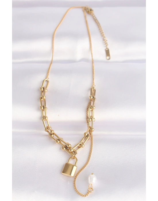 316L Çelik Zincir Altın Renk Zincirli Love Yazılı Kilit Kolye