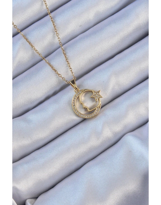 316L Çelik Zincir Altın Renk Zirkon Taşlı Ay Yıldız Simgeli Atatürk Kolye