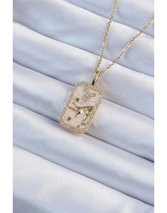 316L Çelik Zincir Altın Renk Zirkon Taşlı Boğa Figürlü Tarot Kolye