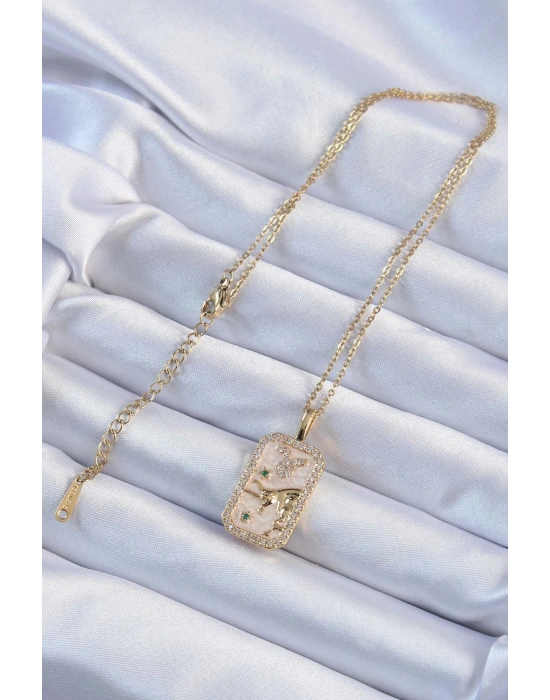 316L Çelik Zincir Altın Renk Zirkon Taşlı Boğa Figürlü Tarot Kolye