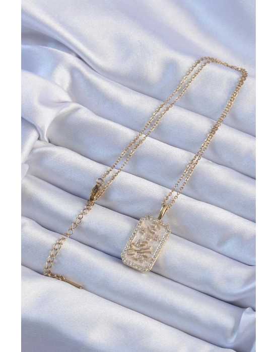 316L Çelik Zincir Altın Renk Zirkon Taşlı Çerçeveli Tarot Kolye