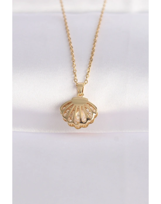 316L Çelik Zincir Altın Renk Zirkon Taşlı İnci Detay İstiridye Kolye