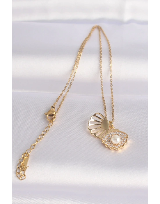 316L Çelik Zincir Altın Renk Zirkon Taşlı İnci Detay İstiridye Kolye