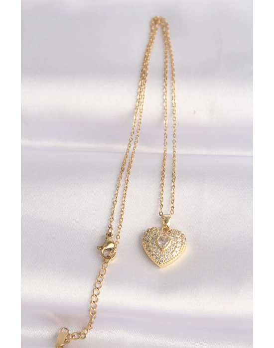 316L Çelik Zincir Altın Renk Zirkon Taşlı Kalp Kolye