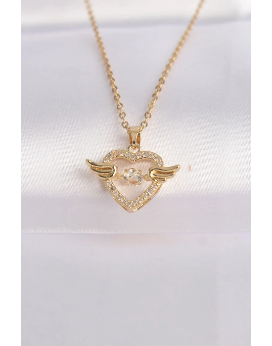 316L Çelik Zincir Altın Renk Zirkon Taşlı Kanatlı Kalp Kolye