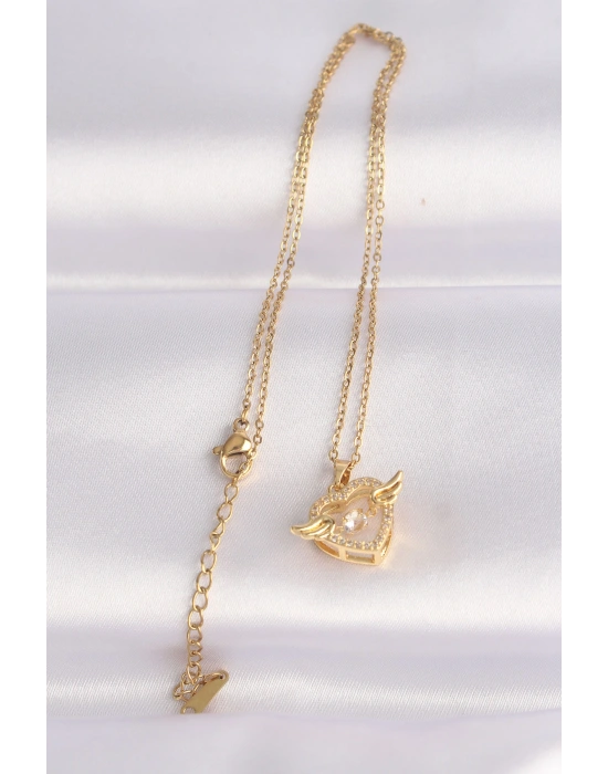 316L Çelik Zincir Altın Renk Zirkon Taşlı Kanatlı Kalp Kolye