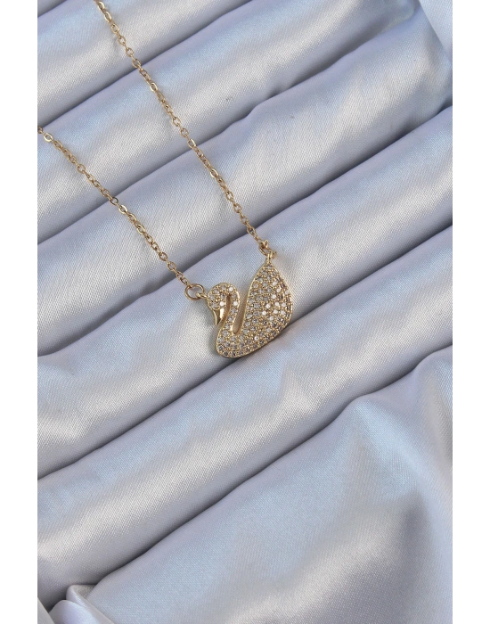 316L Çelik Zincir Altın Renk Zirkon Taşlı Kuğu Kolye