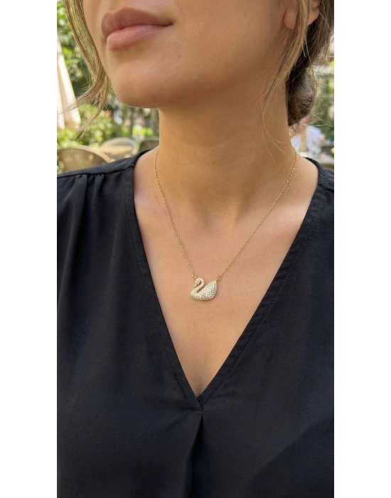 316L Çelik Zincir Altın Renk Zirkon Taşlı Kuğu Kolye