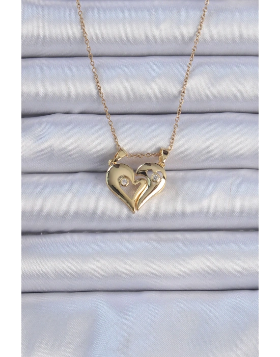 316L Çelik Zincir Altın Renk Zirkon Taşlı Mıknatıslı Kalp Kolye