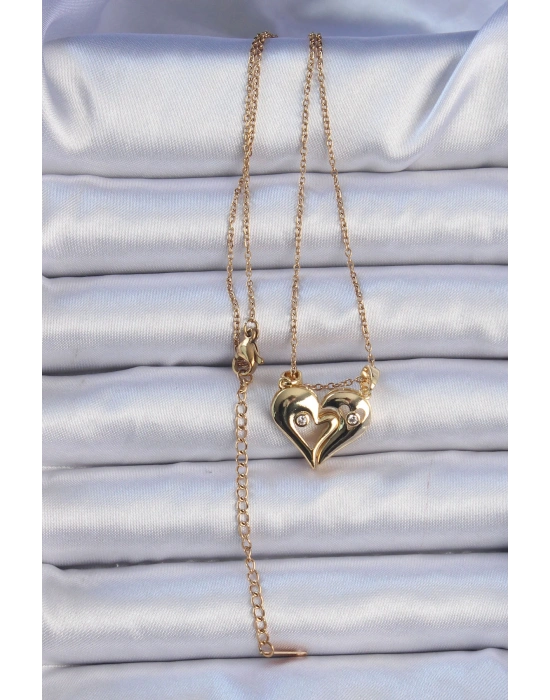 316L Çelik Zincir Altın Renk Zirkon Taşlı Mıknatıslı Kalp Kolye