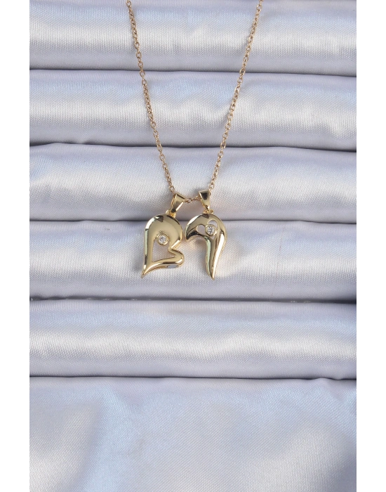 316L Çelik Zincir Altın Renk Zirkon Taşlı Mıknatıslı Kalp Kolye
