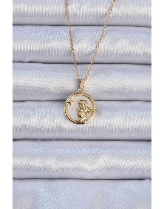 316L Çelik Zincir Altın Renk Zirkon Taşlı Mineli Melek Kolye