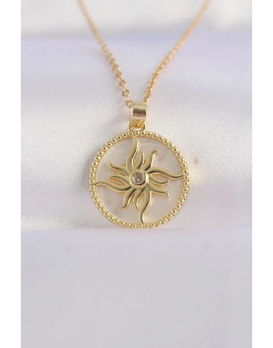 316L Çelik Zincir Altın Renk Zirkon Taşlı Oval Tasarım Güneş Kolye