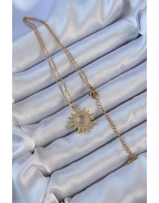 316L Çelik Zincir Altın Renk Zirkon Taşlı Parlayan Güneş Kolye