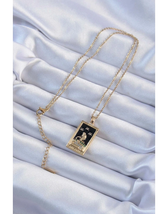316L Çelik Zincir Altın Renk Zirkon Taşlı Siyah Mineli Kız Figürlü Tarot Kolye