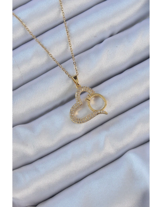 316L Çelik Zincir Altın Renk Zirkon Taşlı Yüzüklü Kalp Kolye