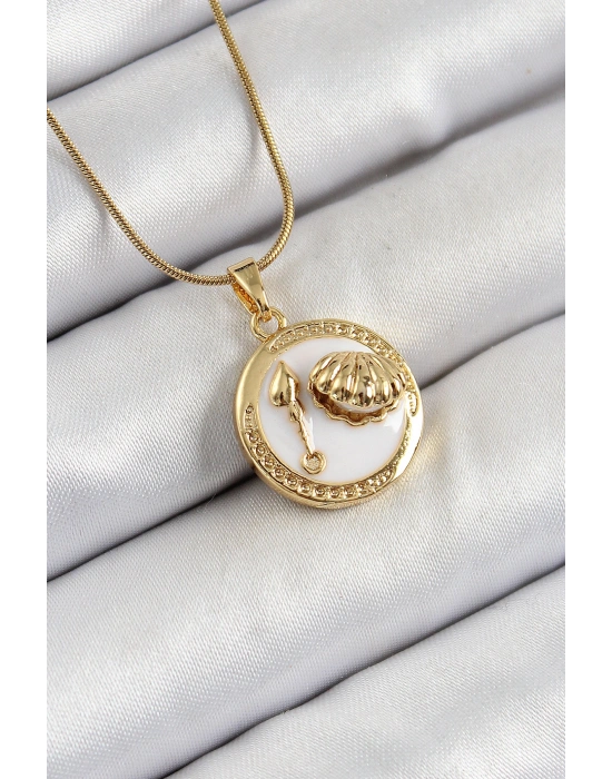 316L Çelik Zincir Beyaz Mineli Sanatsal Portre İstiridye Model Gold Renk Kadın Kolye