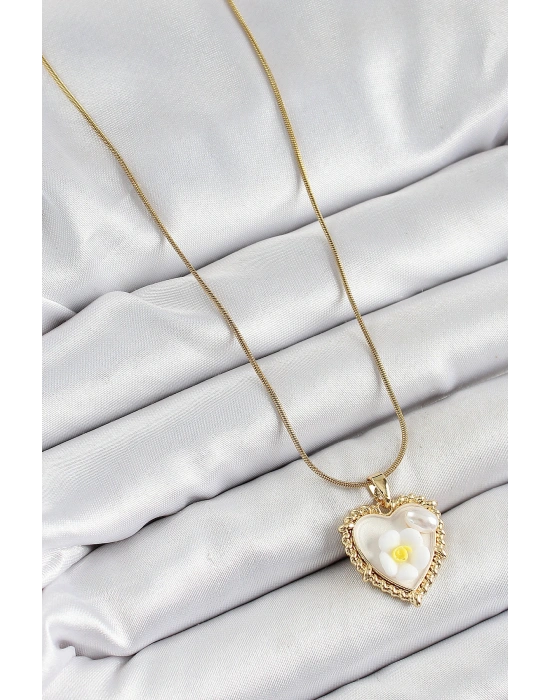 316L Çelik Zincir Beyaz Sanatsal Portre İnci Detaylı Papatya Figürlü Kalp Model Gold Renk Kadın Kolye