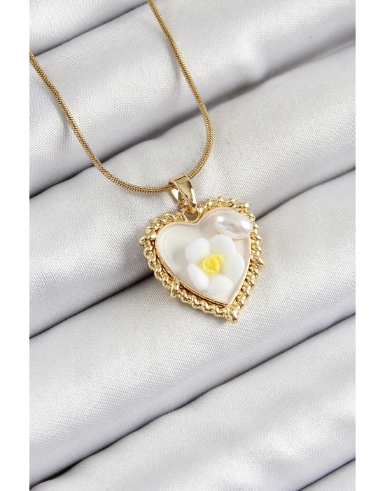 316L Çelik Zincir Beyaz Sanatsal Portre İnci Detaylı Papatya Figürlü Kalp Model Gold Renk Kadın Kolye