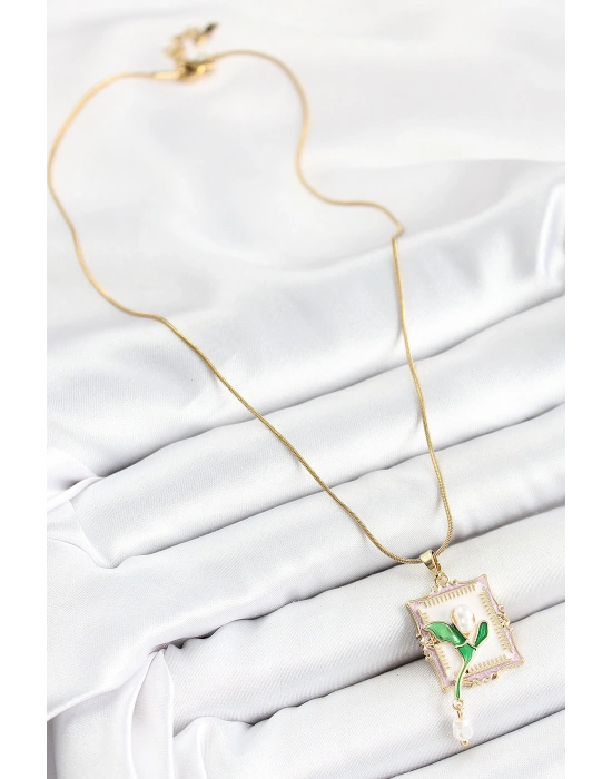 316L Çelik Zincir Beyaz Sanatsal Portre Sallantılı İnci Detaylı Lale Model Gold Renk Kadın Kolye