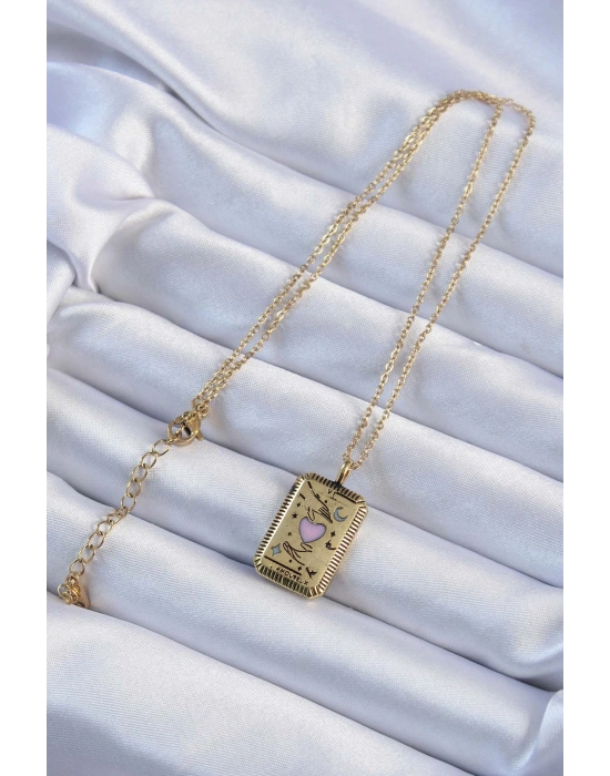 316L Çelik Zincir Eskitme Altın Renk Pembe Mineli Kalp Figürlü Tarot Kolye