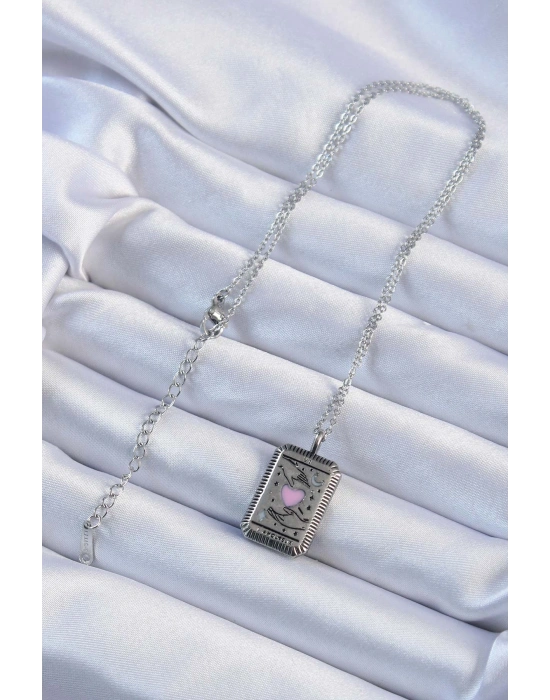 316L Çelik Zincir Eskitme Gümüş Renk Pembe Mineli Kalp Figürlü Tarot Kolye