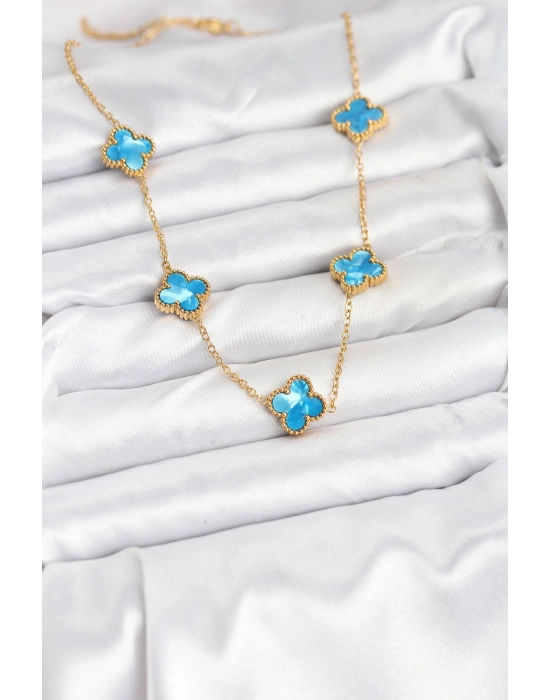 316L Çelik Zincir Gold Buz Mavisi Renk Yonca Kolye