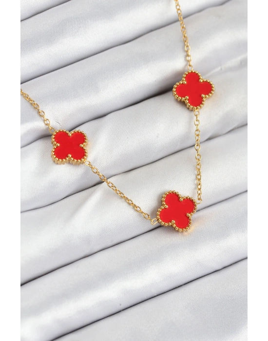 316L Çelik Zincir Gold Kırmızı Renk Yonca Kadın Kolye