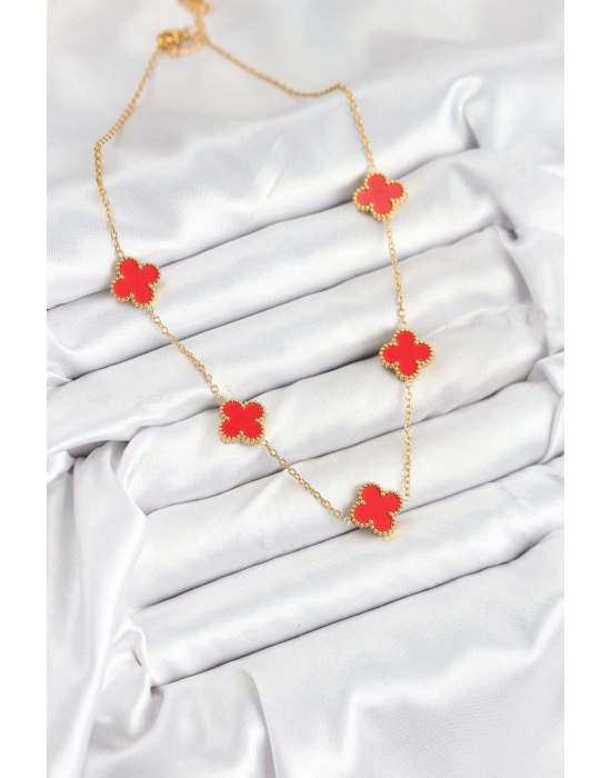 316L Çelik Zincir Gold Kırmızı Renk Yonca Kadın Kolye