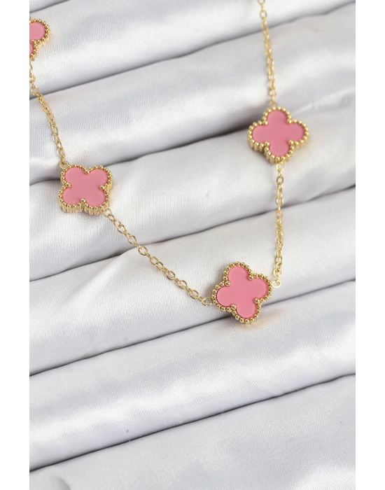 316L Çelik Zincir Gold Pembe Renk Yonca Kadın Kolye