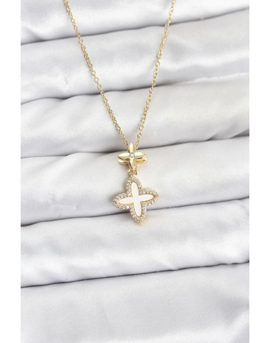 316L Çelik Zincir Gold Renk 4 Yapraklı Yonca Model Zirkon Taşlı Kadın Kolye