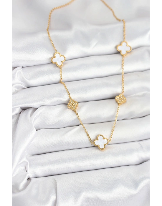316L Çelik Zincir Gold Renk Beyaz ve Zirkon Taşlı Yonca Kadın Kolye