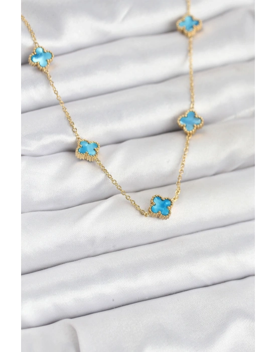 316L Çelik Zincir Gold Renk Buz Mavisi Baby Boy Yonca Kadın Kolye