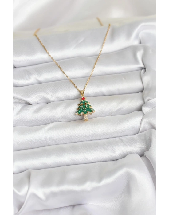 316L Çelik Zincir Gold Renk Çam Ağacı Model Yılbaşı Temalı Kadın Kolye