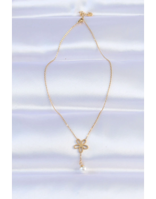 316L Çelik Zincir Gold Renk İnci Detay Çiçek Kolye