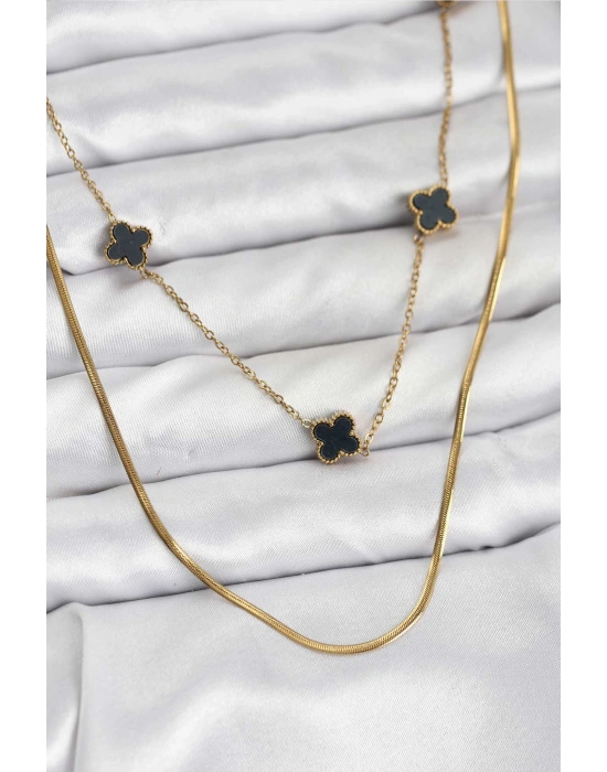 316L Çelik Zincir Gold Renk İtalyan Zincirli Siyah Yonca Model Kadın Kolye