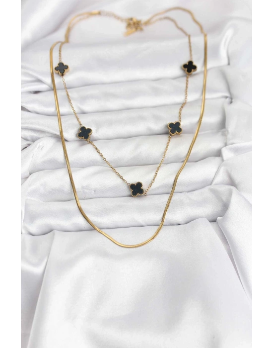 316L Çelik Zincir Gold Renk İtalyan Zincirli Siyah Yonca Model Kadın Kolye