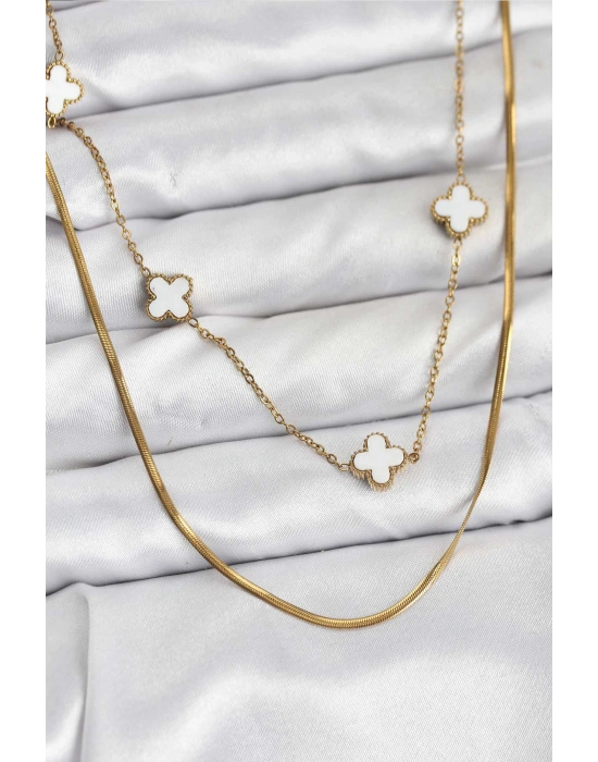 316L Çelik Zincir Gold Renk İtalyan Zincirli Yonca Model Kadın Kolye