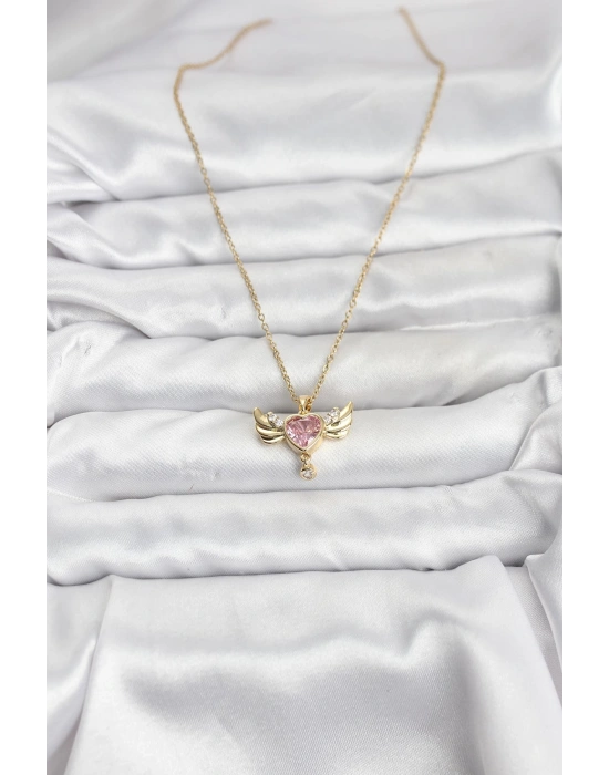 316L Çelik Zincir Gold Renk Kanatlı Kalp Model Zirkon Taşlı Kadın Kolye