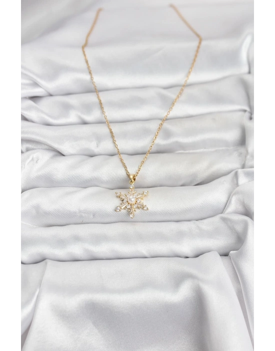 316L Çelik Zincir Gold Renk Kar Tanesi Model Zirkon Taşlı Kadın Kolye