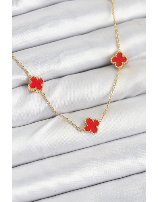 316L Çelik Zincir Gold Renk Kırmızı Baby Boy Yonca Kadın Kolye