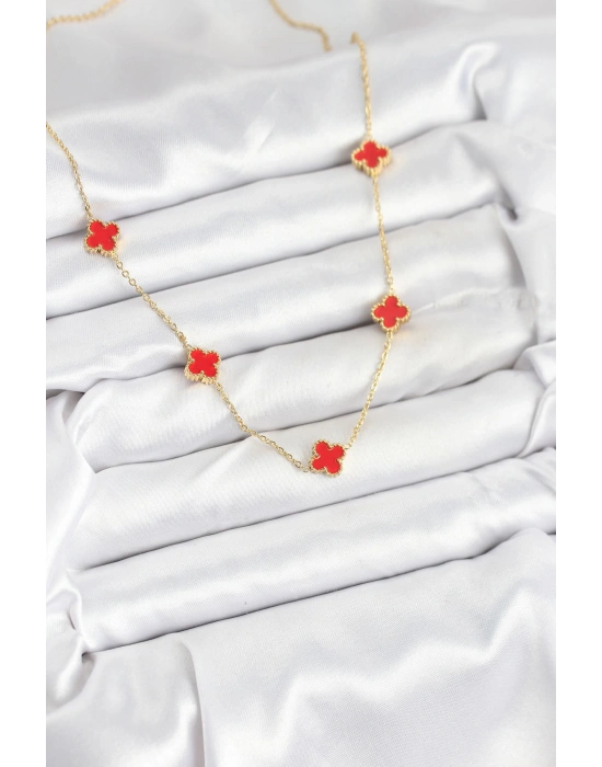 316L Çelik Zincir Gold Renk Kırmızı Baby Boy Yonca Kadın Kolye