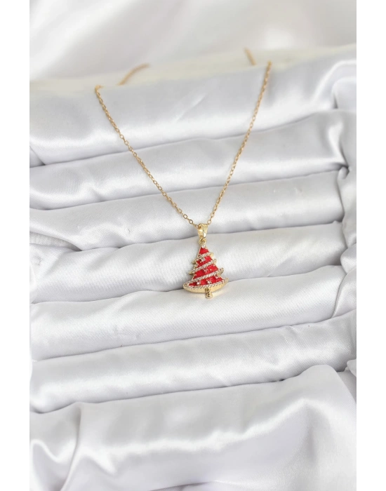 316L Çelik Zincir Gold Renk Kırmızı Çam Ağacı Model Yılbaşı Temalı Kadın Kolye