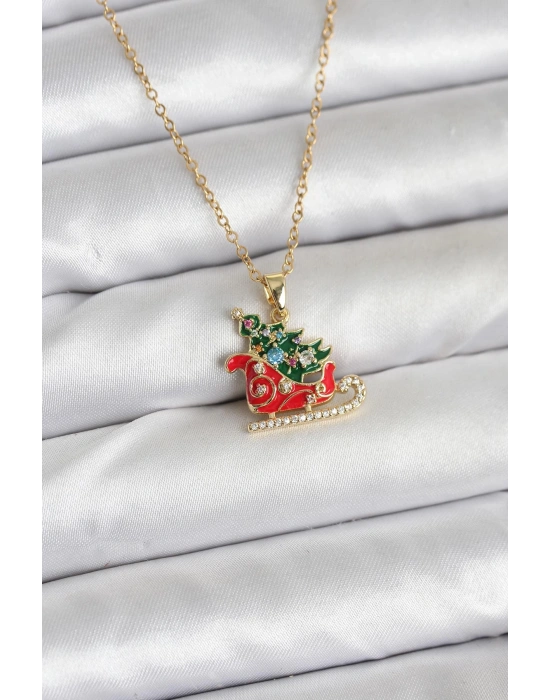316L Çelik Zincir Gold Renk Kızak ve Çam Ağacı Figürlü Yılbaşı Temalı Kadın Kolye