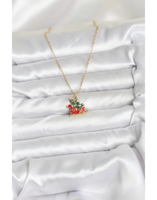 316L Çelik Zincir Gold Renk Kızak ve Çam Ağacı Figürlü Yılbaşı Temalı Kadın Kolye