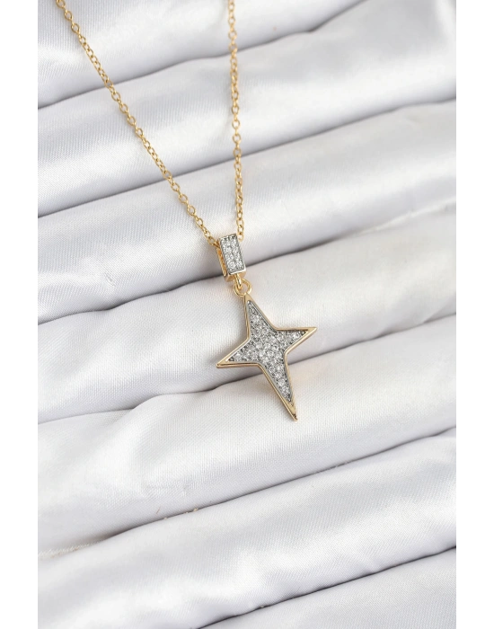 316L Çelik Zincir Gold Renk Kutup Yıldızı Model Zirkon Taşlı Kadın Kolye