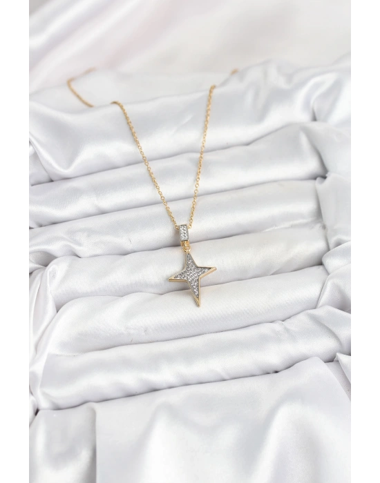 316L Çelik Zincir Gold Renk Kutup Yıldızı Model Zirkon Taşlı Kadın Kolye