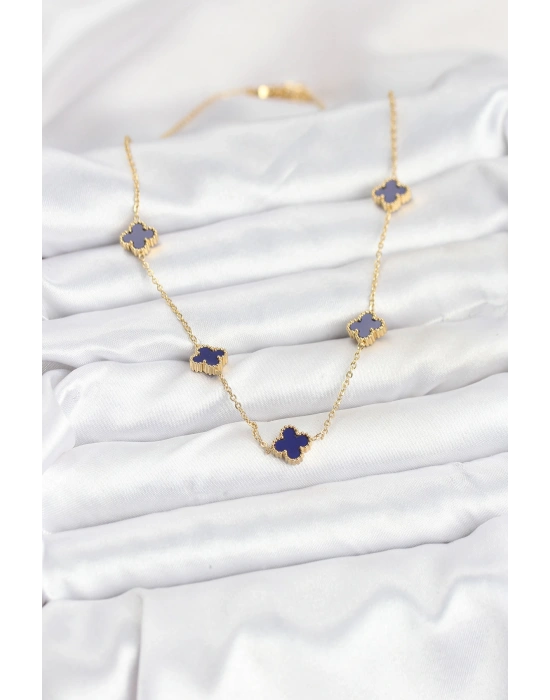 316L Çelik Zincir Gold Renk Lacivert Baby Boy Yonca Kadın Kolye